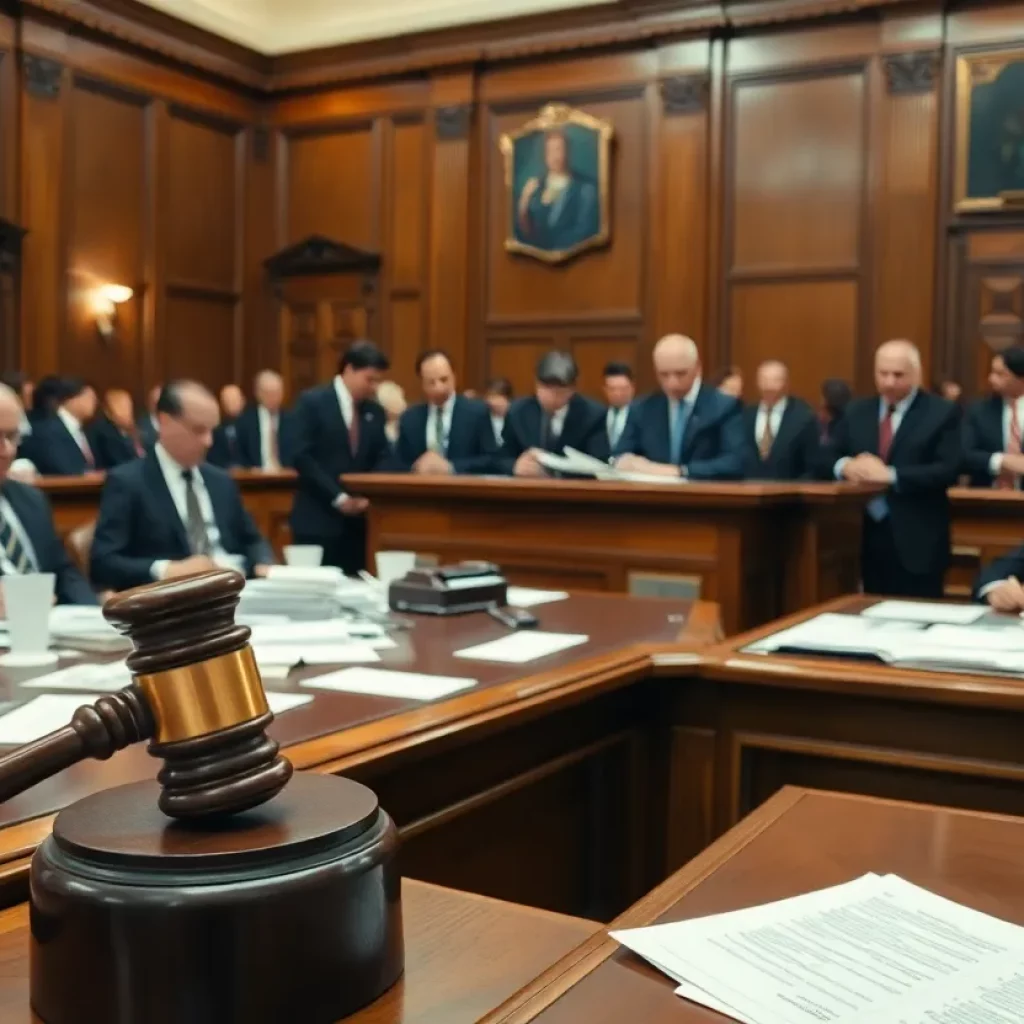 Courtroom scene depicting legal discussions