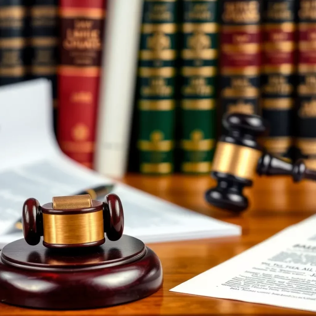 Courtroom with legal documents and gavel