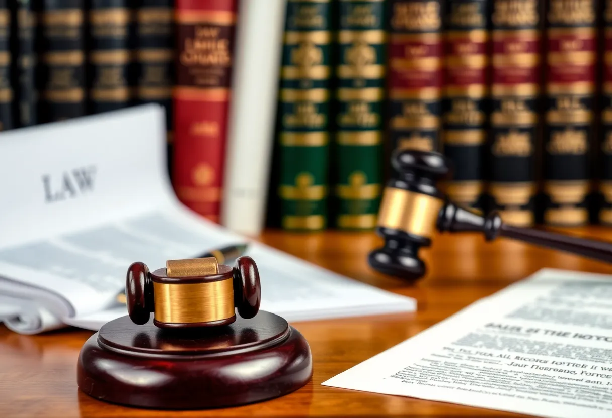 Courtroom with legal documents and gavel