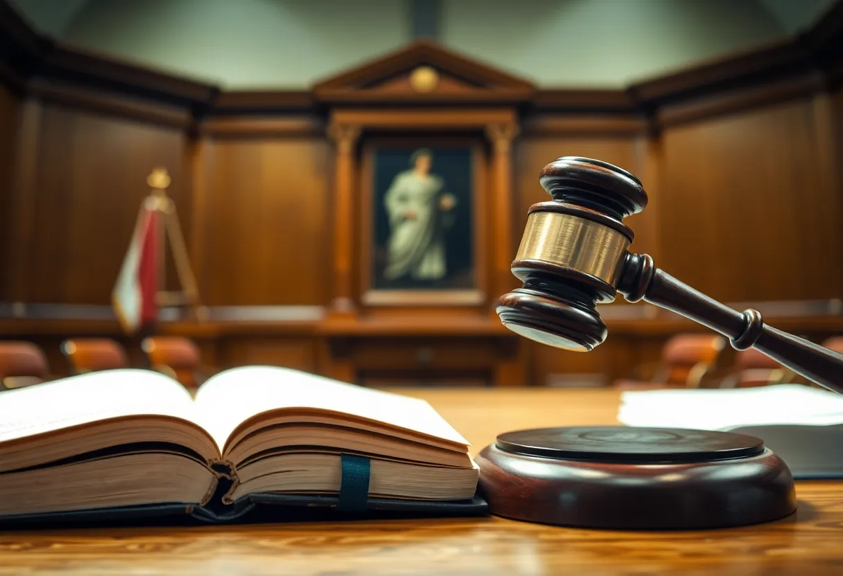 Courtroom interior with gavel and legal books