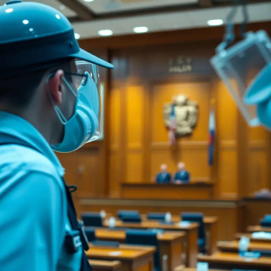 Empty courtroom highlighting security issues