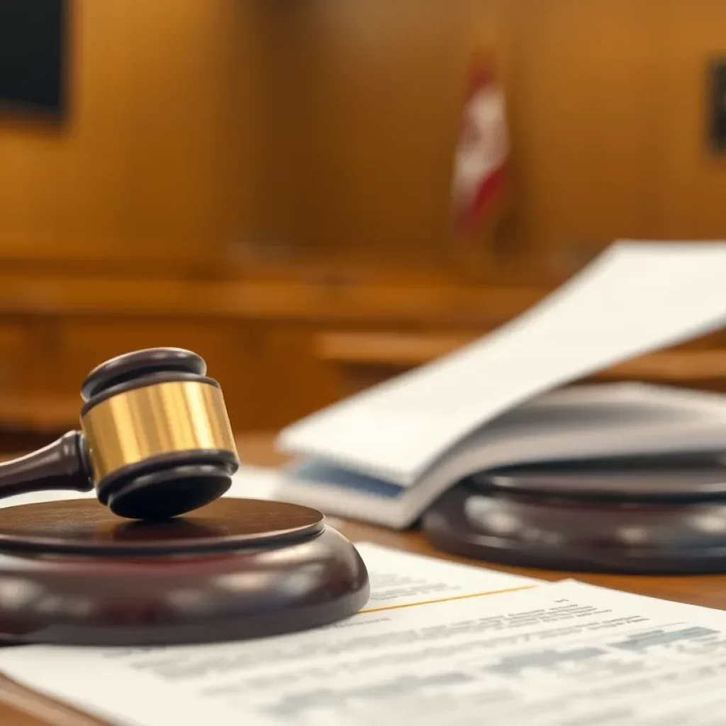 Interior of a courtroom with legal documents on a table.