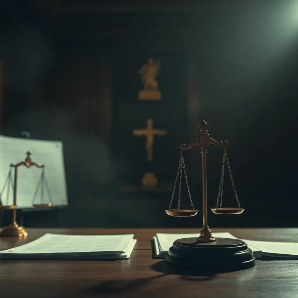 Abstract representation of courtroom tension in legal battles