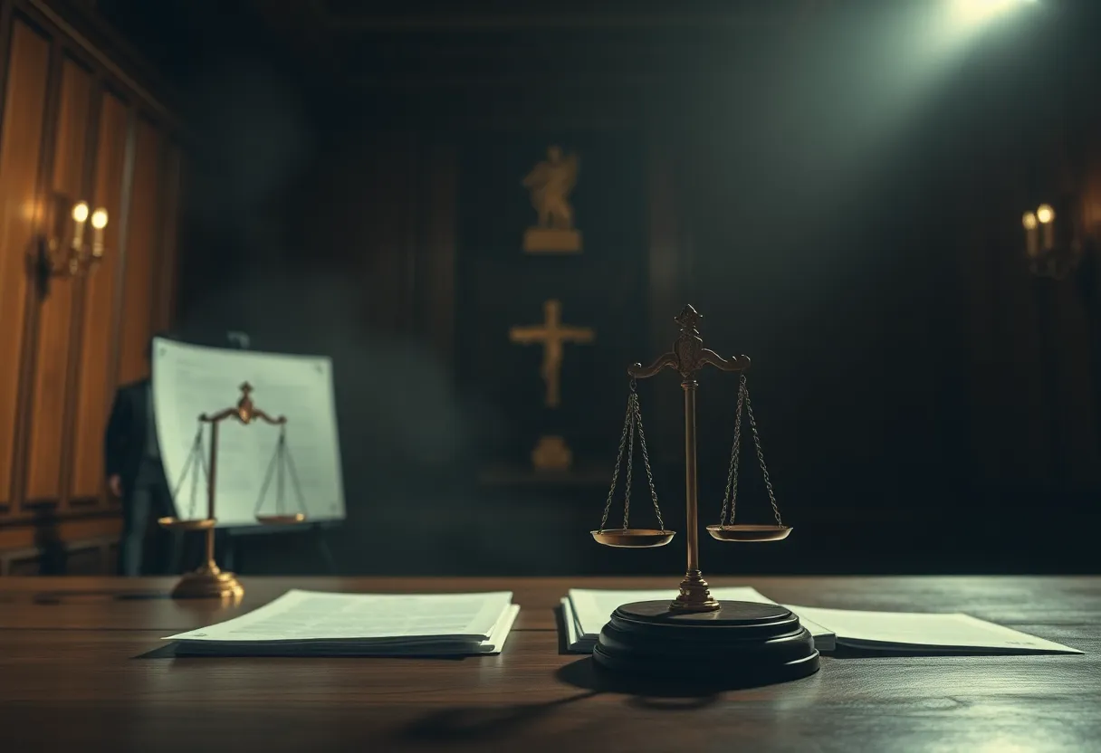 Abstract representation of courtroom tension in legal battles