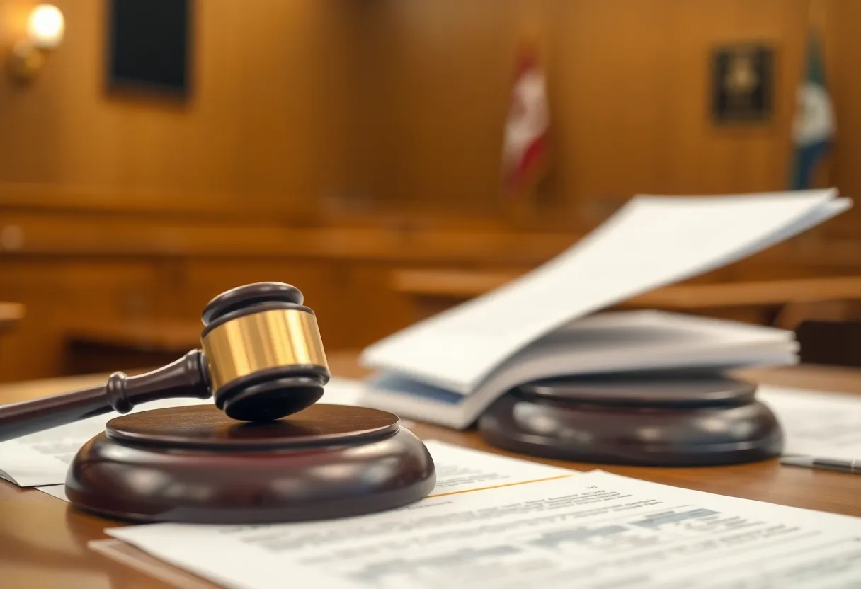 Interior of a courtroom with legal documents on a table.