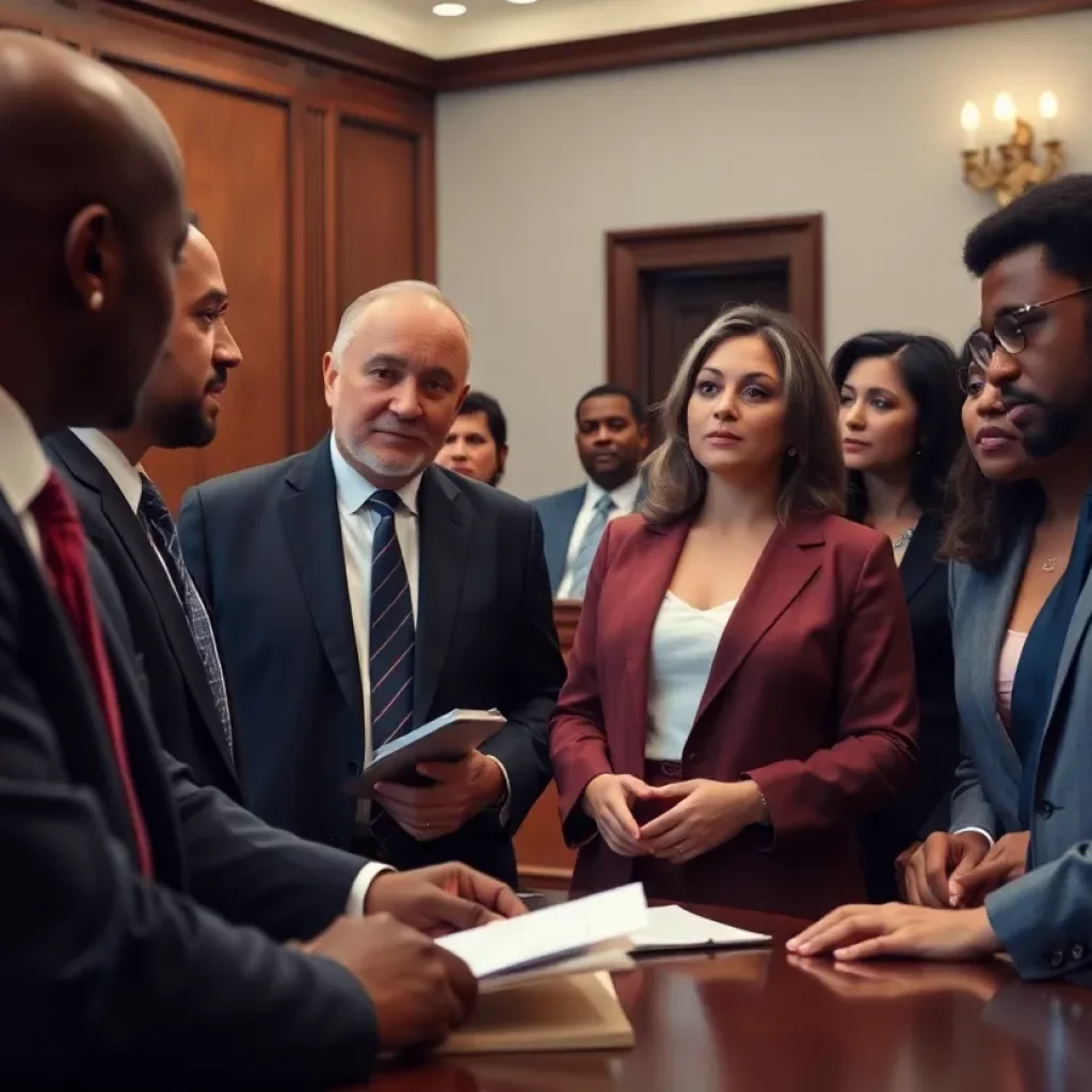 Courtroom scene depicting legal professionals in discussion