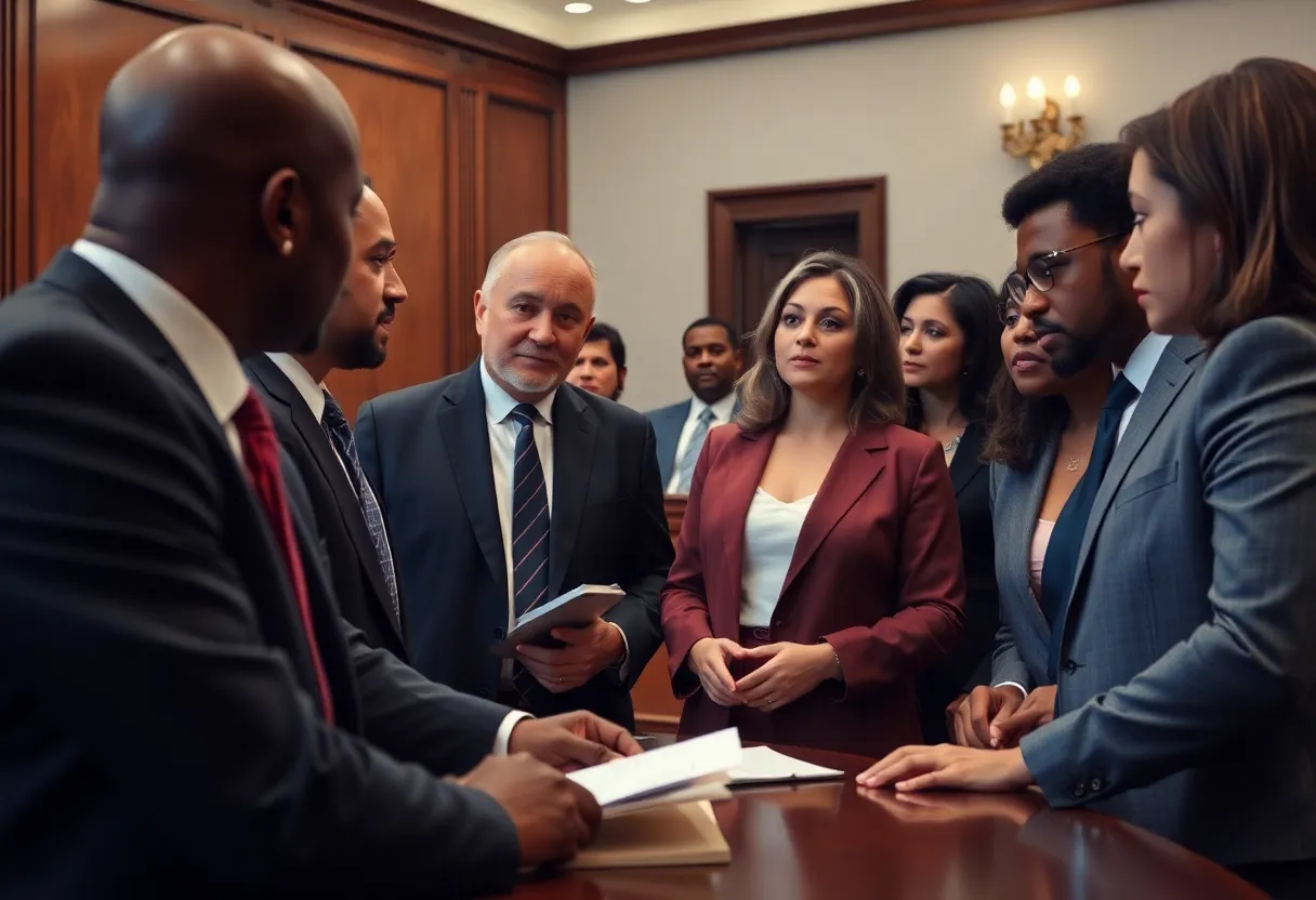 Courtroom scene depicting legal professionals in discussion