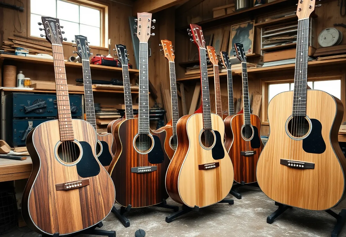 Workshop scene of handcrafted guitars made from reclaimed wood
