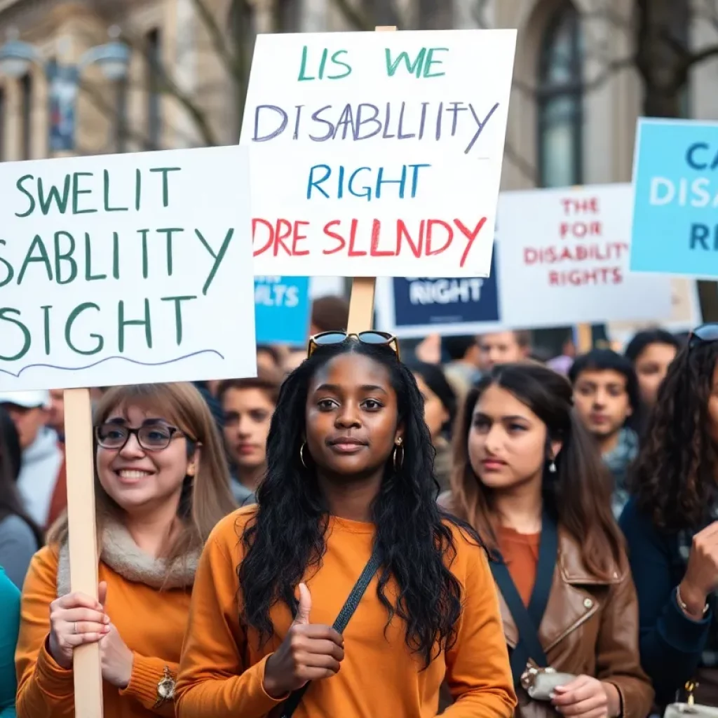 Group rallying for disability rights with signs