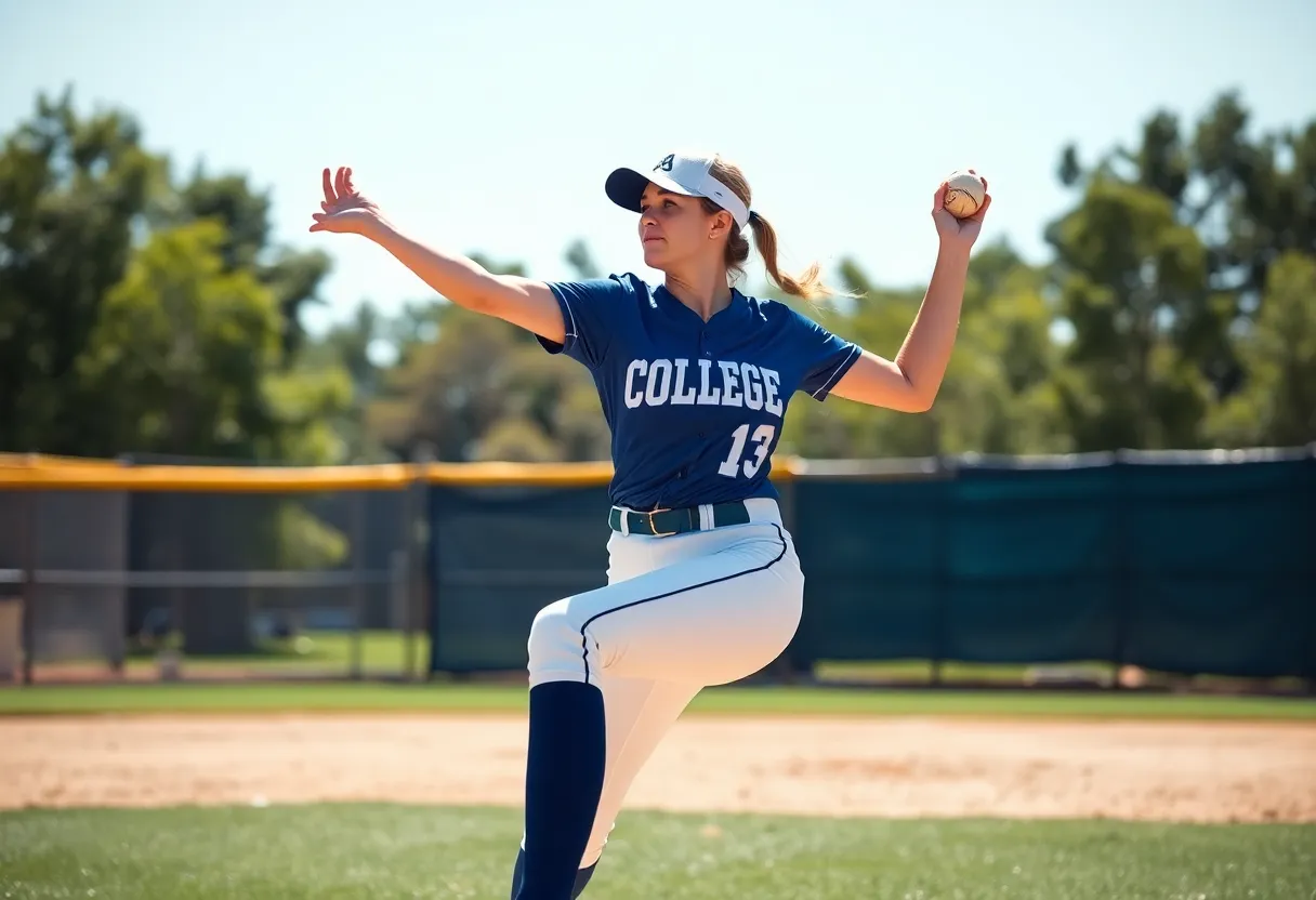 College softball pitcher delivering a pitch on the field