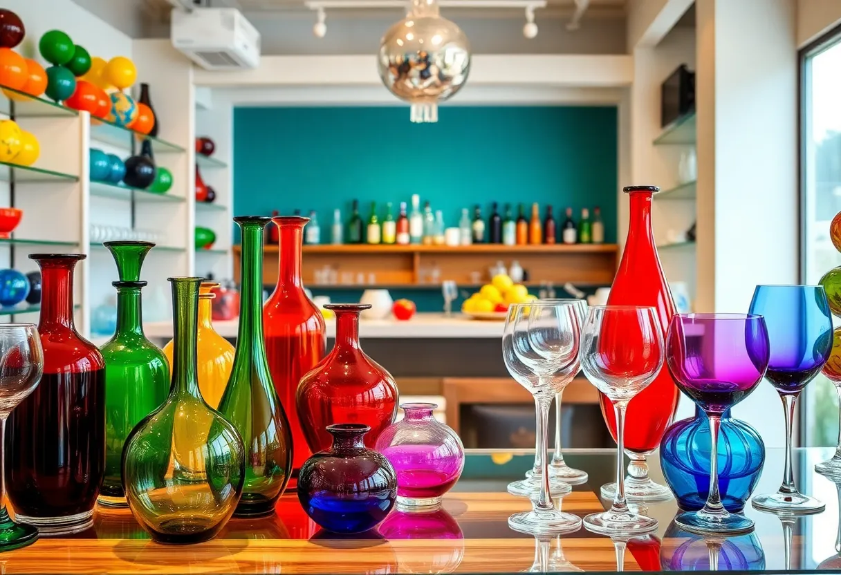 Retail display of hand-blown colored glassware at Estelle Colored Glass