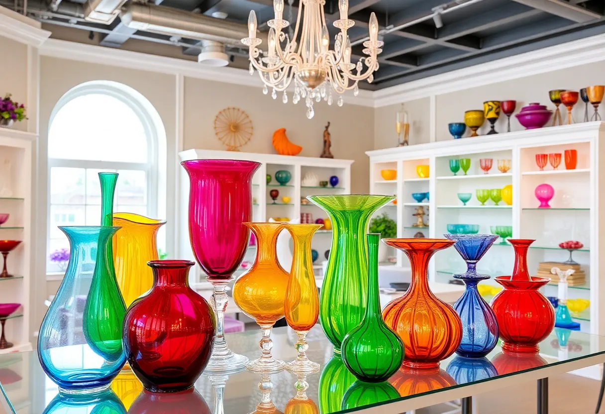 Vibrant hand-blown glassware from Estelle Colored Glass displayed in a retail setting.