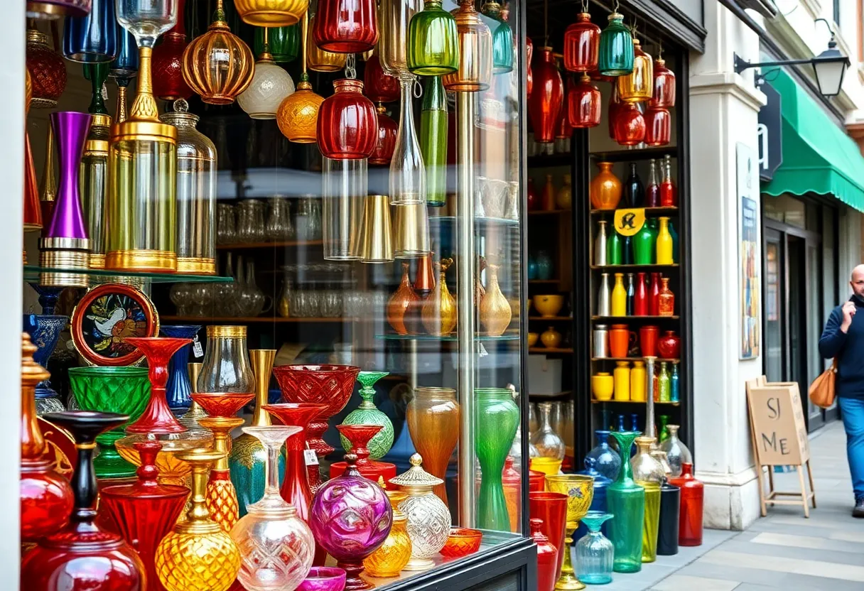 Colorful glassware displayed in a storefront on King Street, Charleston.