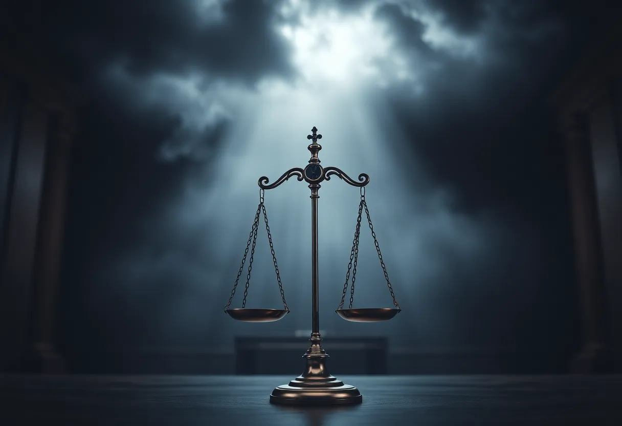 Symbolic image of justice scales in a courtroom representing legal ethics.