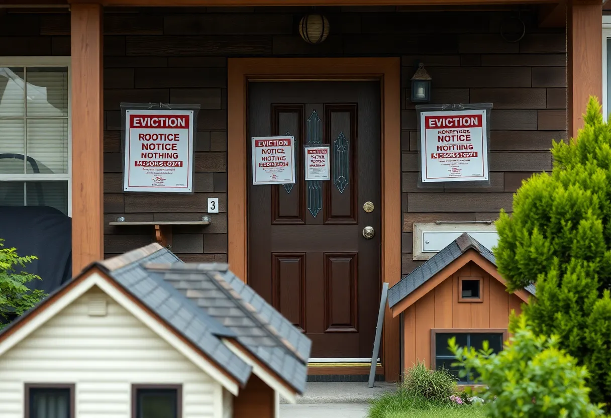 Eviction notices visible on a door at a roofing company with worried homeowners in the background.