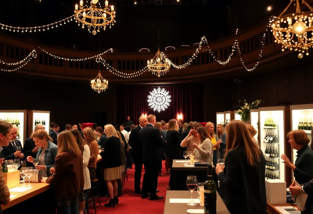 Guests enjoying a wine tasting event at the Footlight Players theatre.