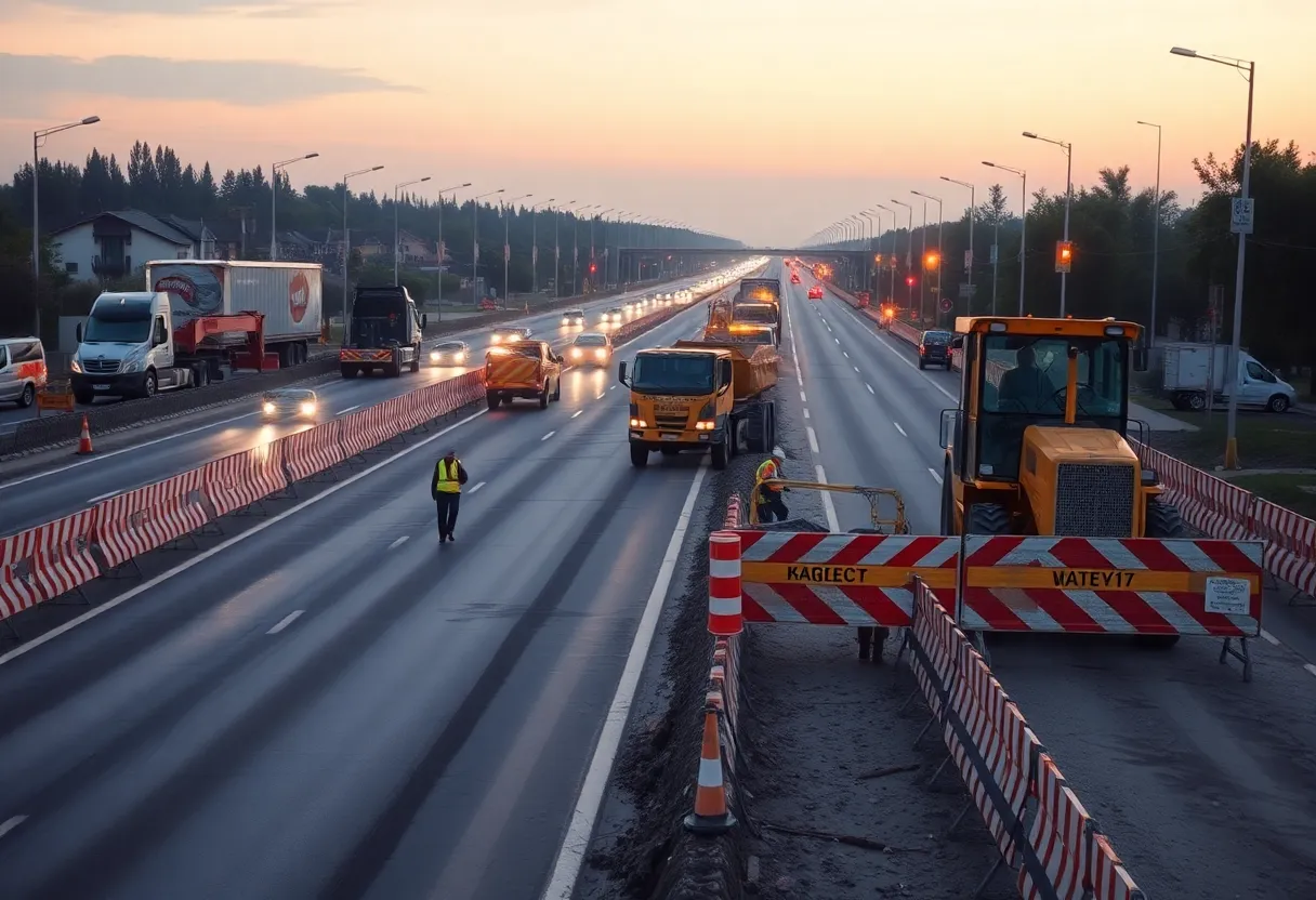 Construction workers widening Hardscrabble Road at night