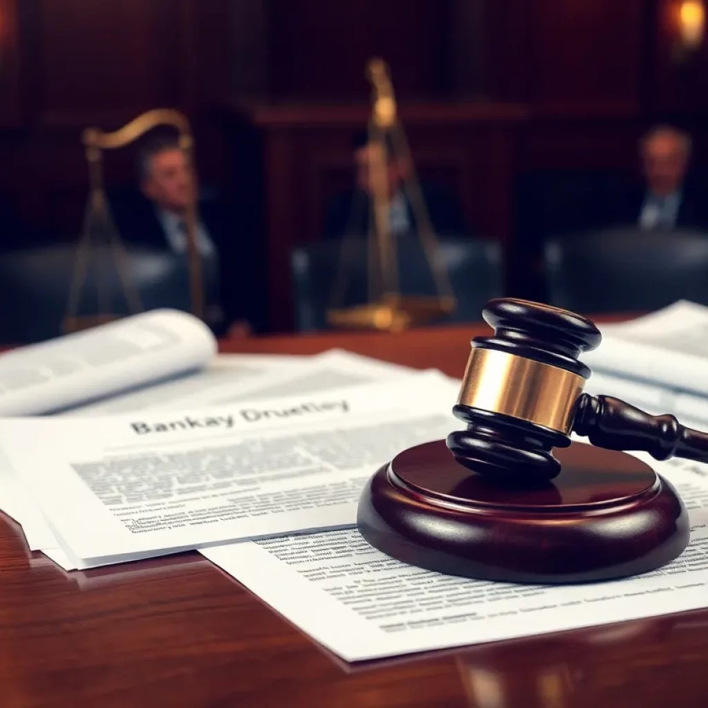 Courtroom setting with legal documents for Johnson & Johnson bankruptcy case