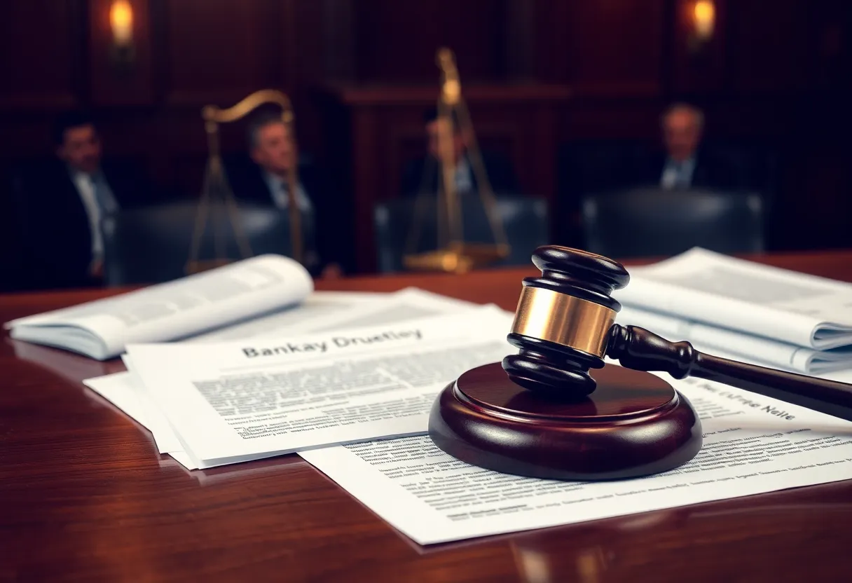 Courtroom setting with legal documents for Johnson & Johnson bankruptcy case