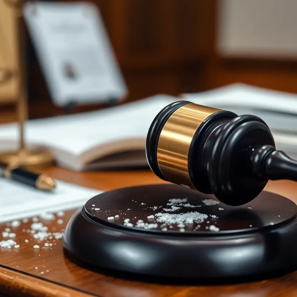 Courtroom gavel with talc powder and legal documents