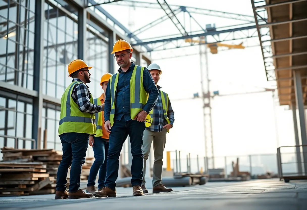 Team of construction workers collaborating on a project