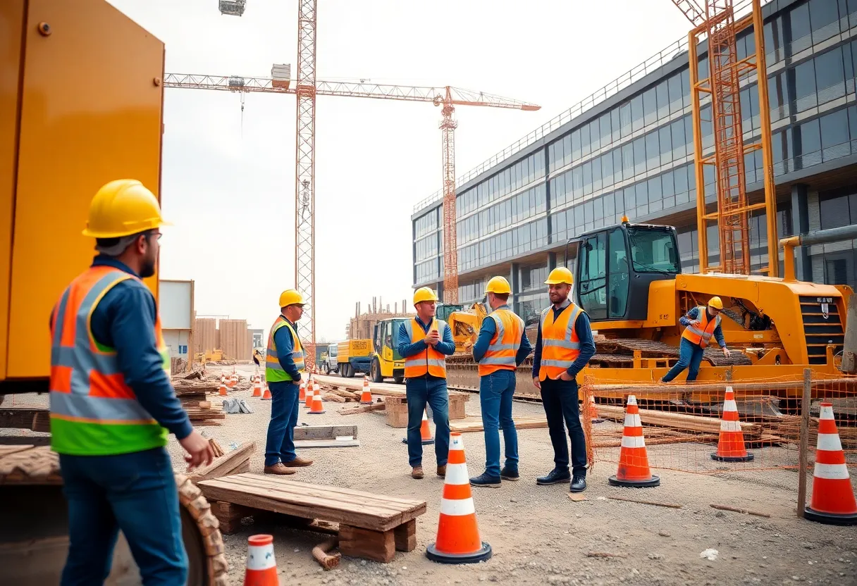 Construction workers on site with machinery