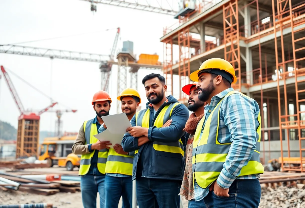 Diverse construction team working together on a project