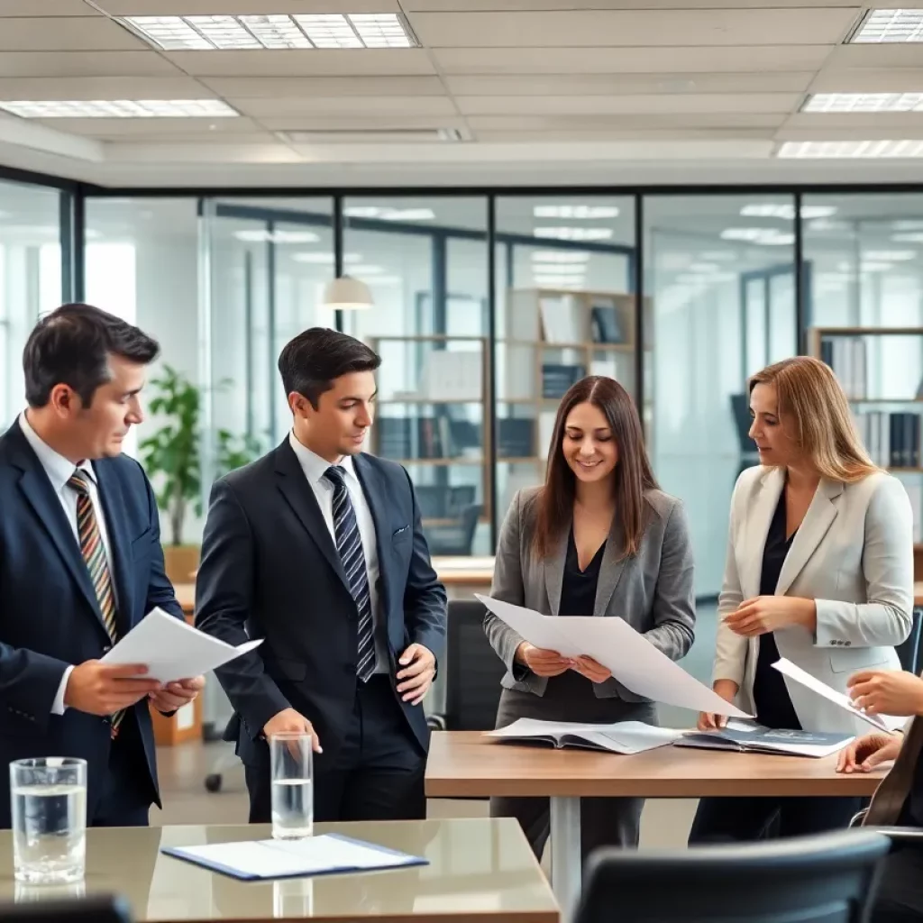 Team of lawyers collaborating in a modern office setting.