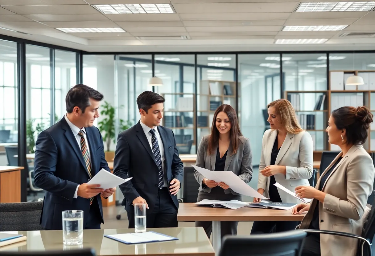 Team of lawyers collaborating in a modern office setting.