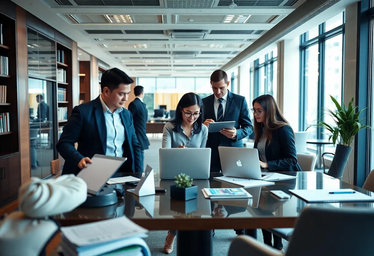 Modern law firm office illustrating collaboration on cybersecurity.