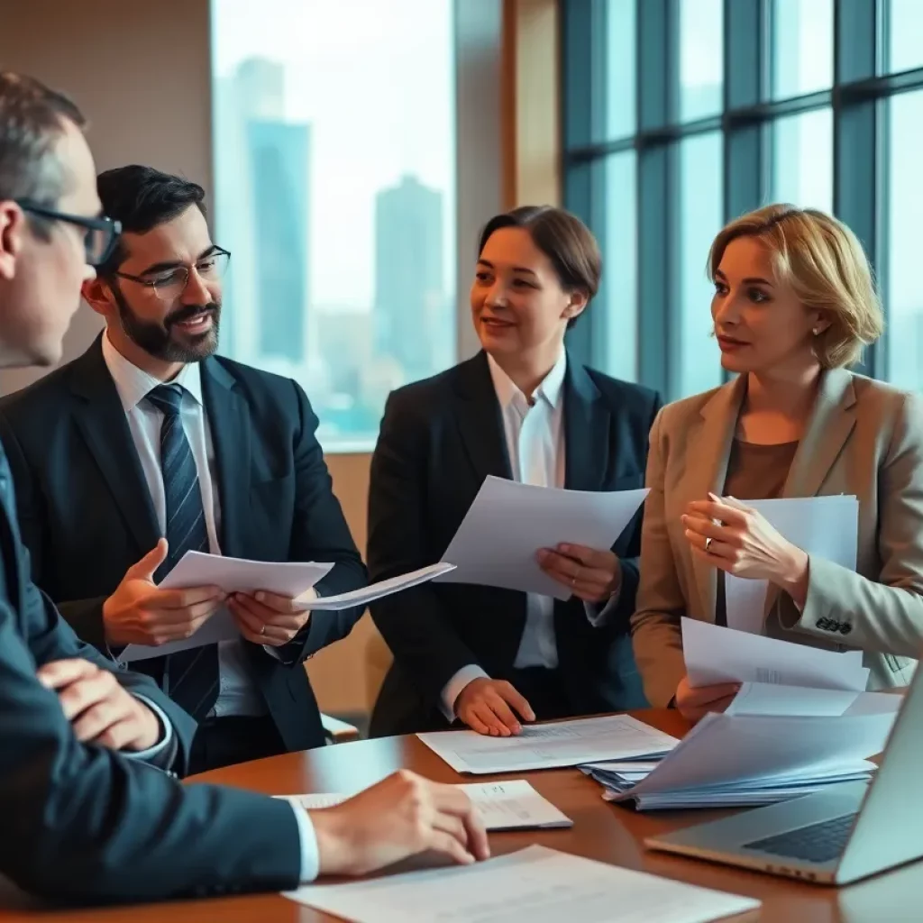 Lawyers collaborating in an office setting, focused on hit-and-run legal cases.