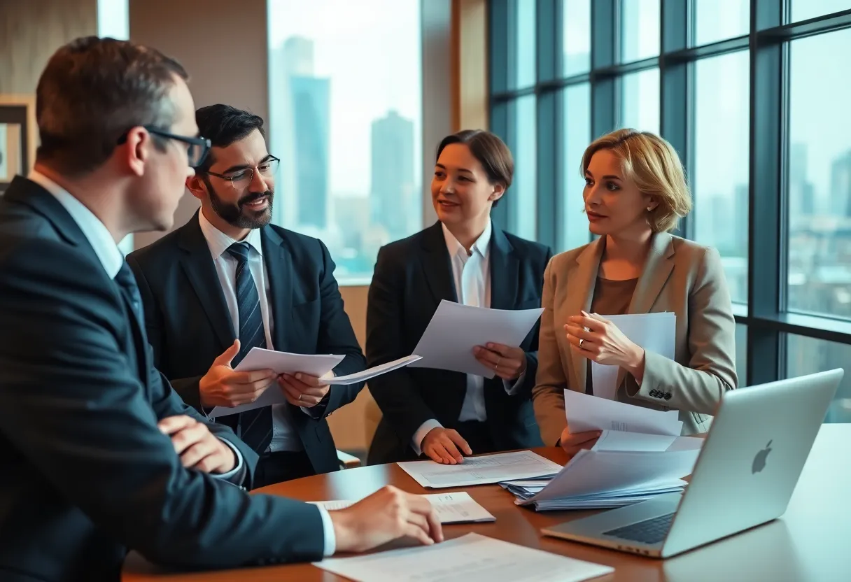 Lawyers collaborating in an office setting, focused on hit-and-run legal cases.