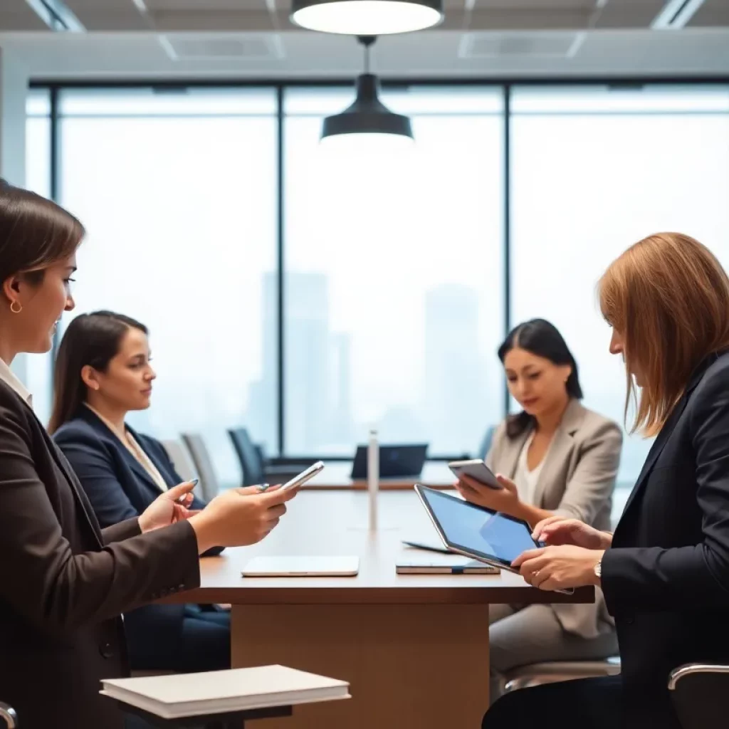 Lawyers discussing legal matters using technology