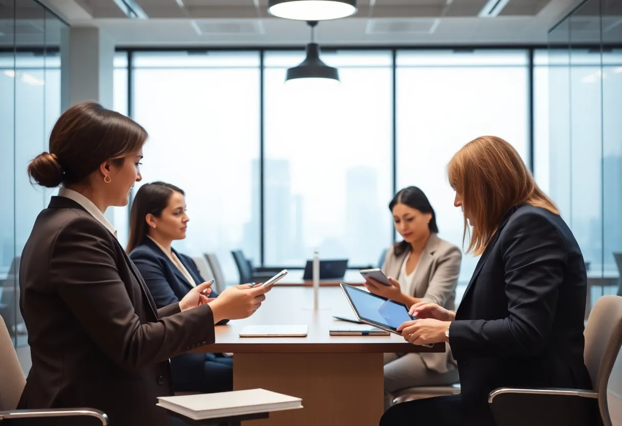 Lawyers discussing legal matters using technology
