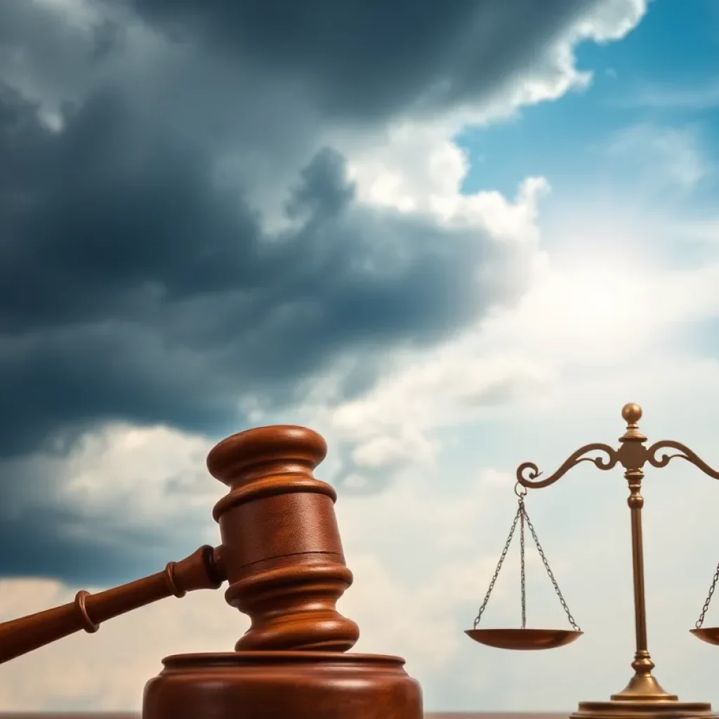 Symbolic representation of legal challenges with a stormy background