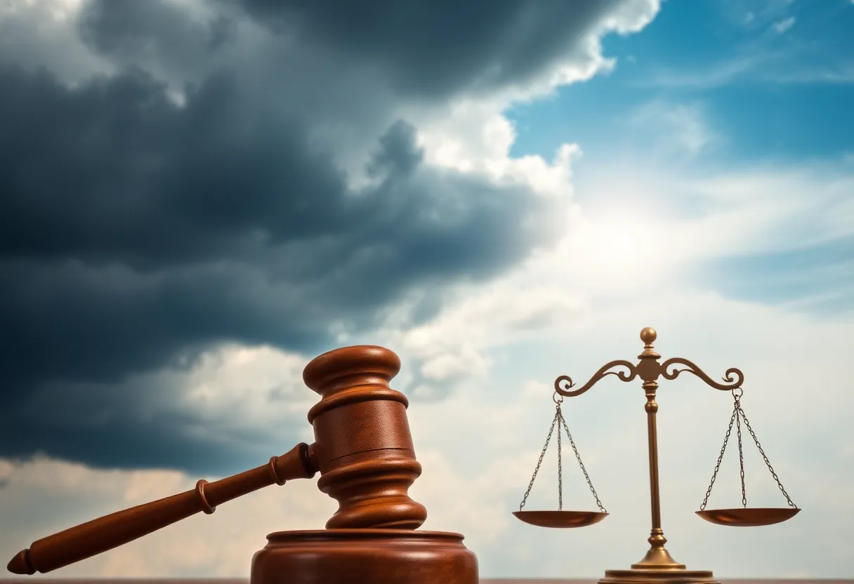 Symbolic representation of legal challenges with a stormy background