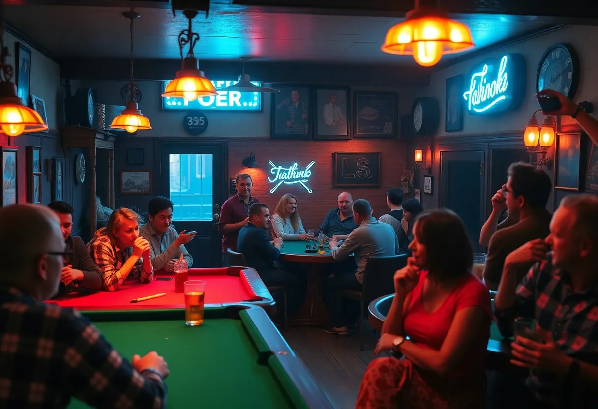 The interior of a neighborhood bar with patrons engaged in various activities.
