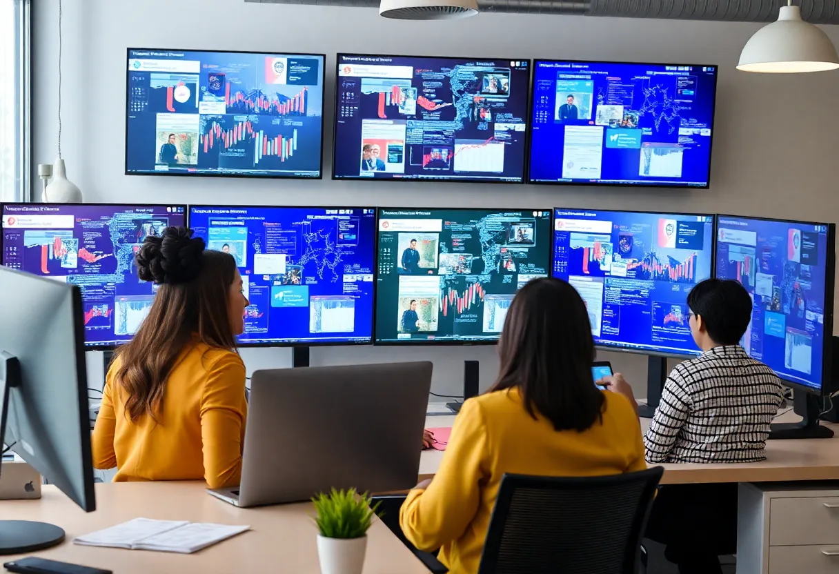 Diverse marketers analyzing trends on screens in a bright office