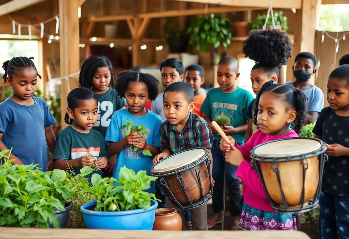 Youth participating in mentorship programs through agriculture and music.