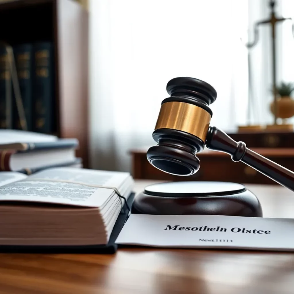 Office setting with legal materials related to mesothelioma cases.