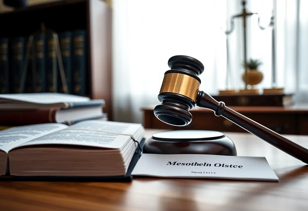 Office setting with legal materials related to mesothelioma cases.
