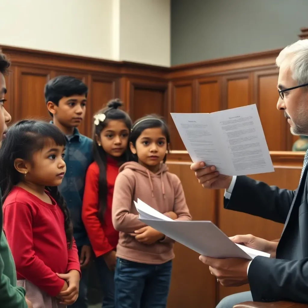 A diverse group of children with a lawyer discussing legal rights.