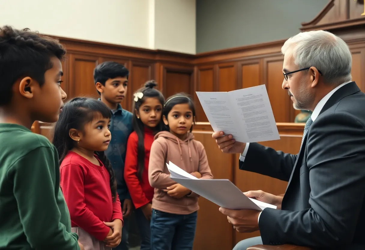 A diverse group of children with a lawyer discussing legal rights.