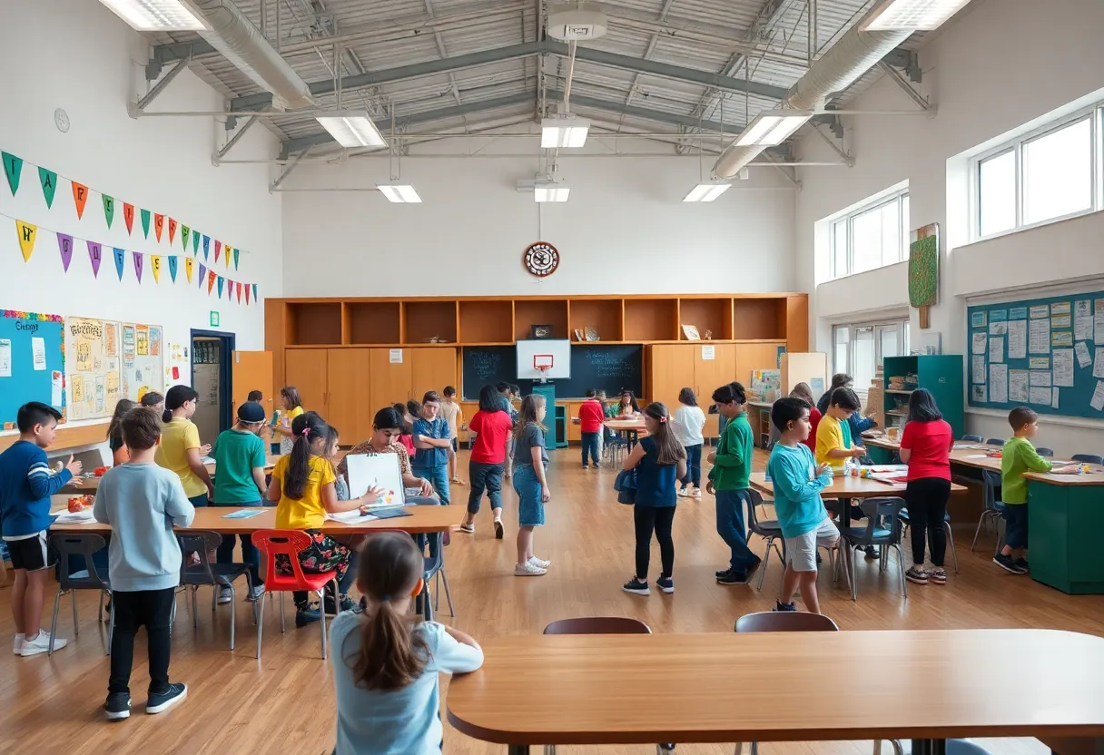 Students participating in activities in a school multipurpose room