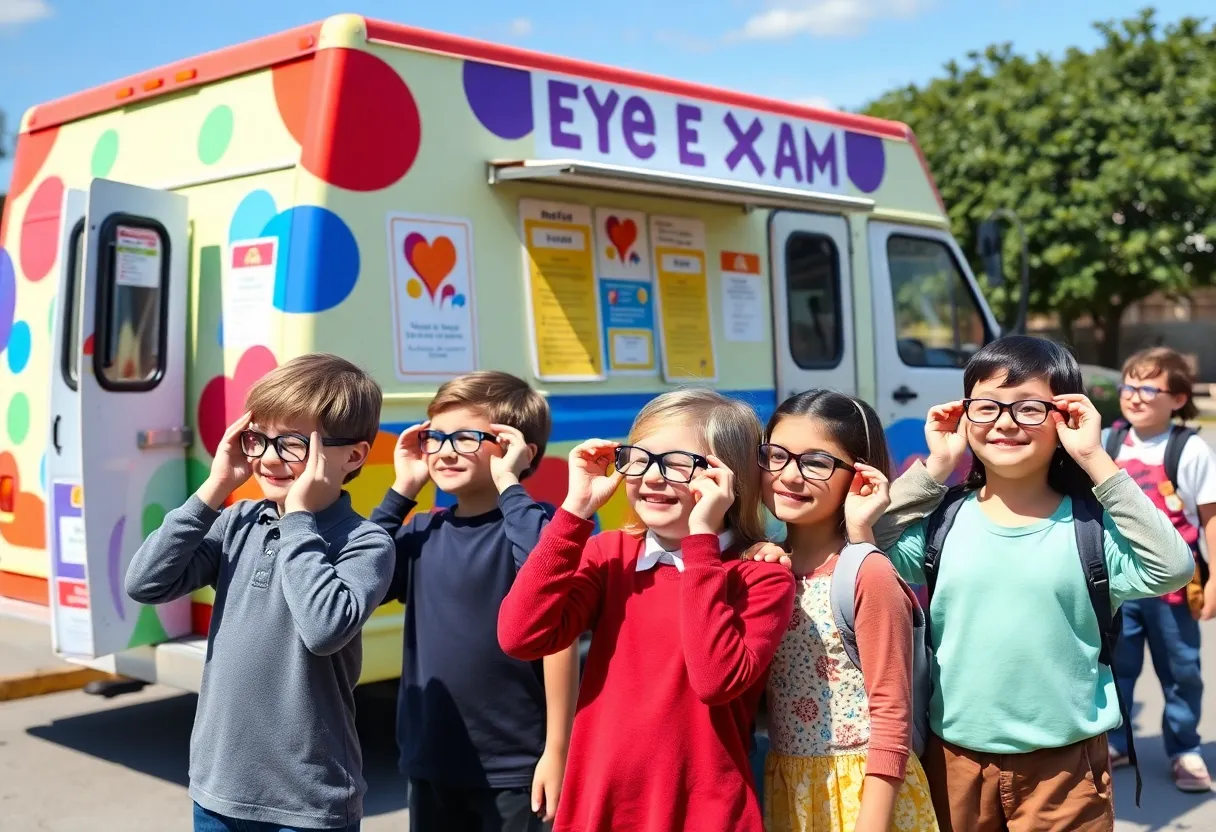 Children enjoying new glasses from the mobile eye exam van in North Charleston.