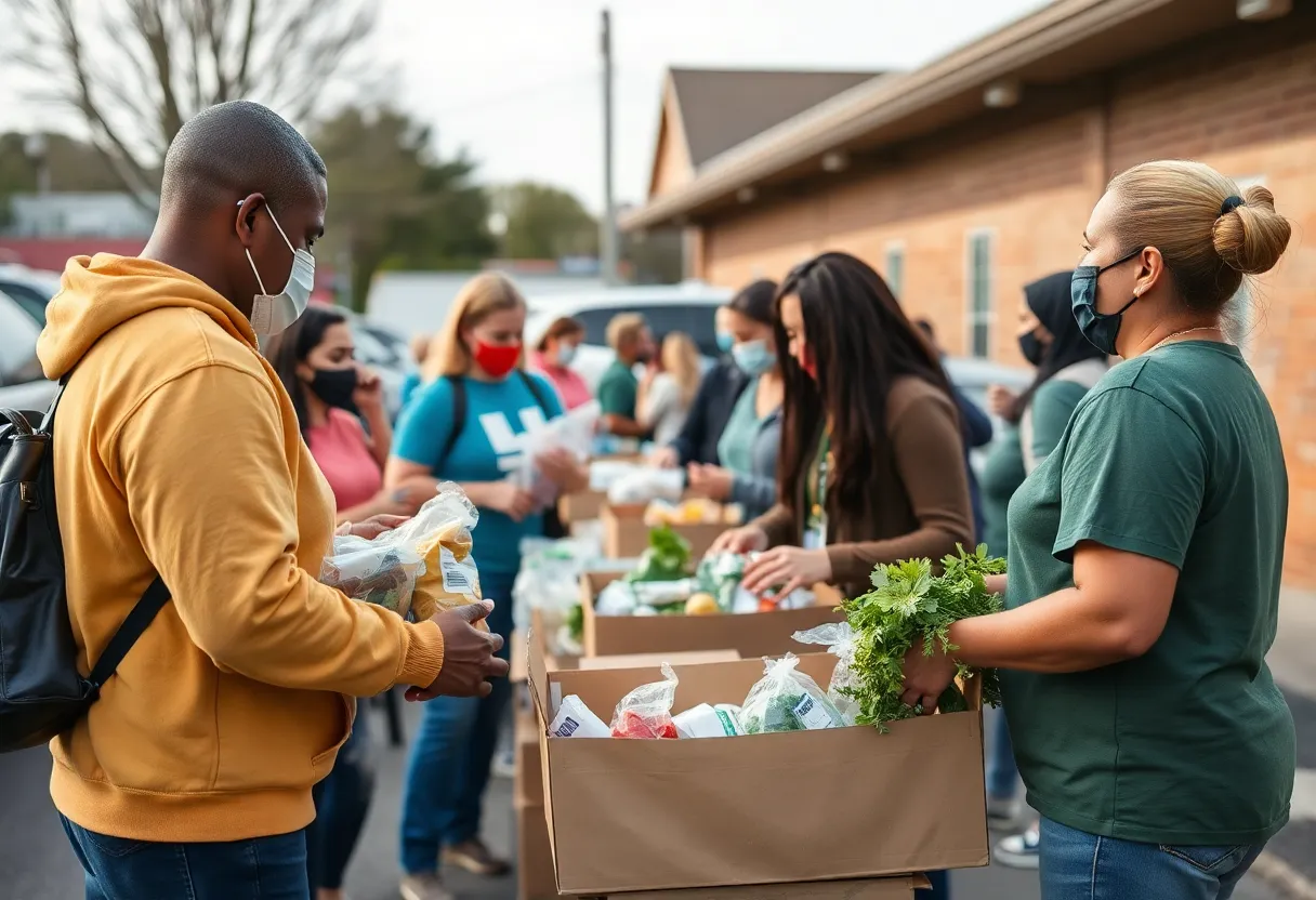 Community members participating in a grocery distribution event in North Charleston.