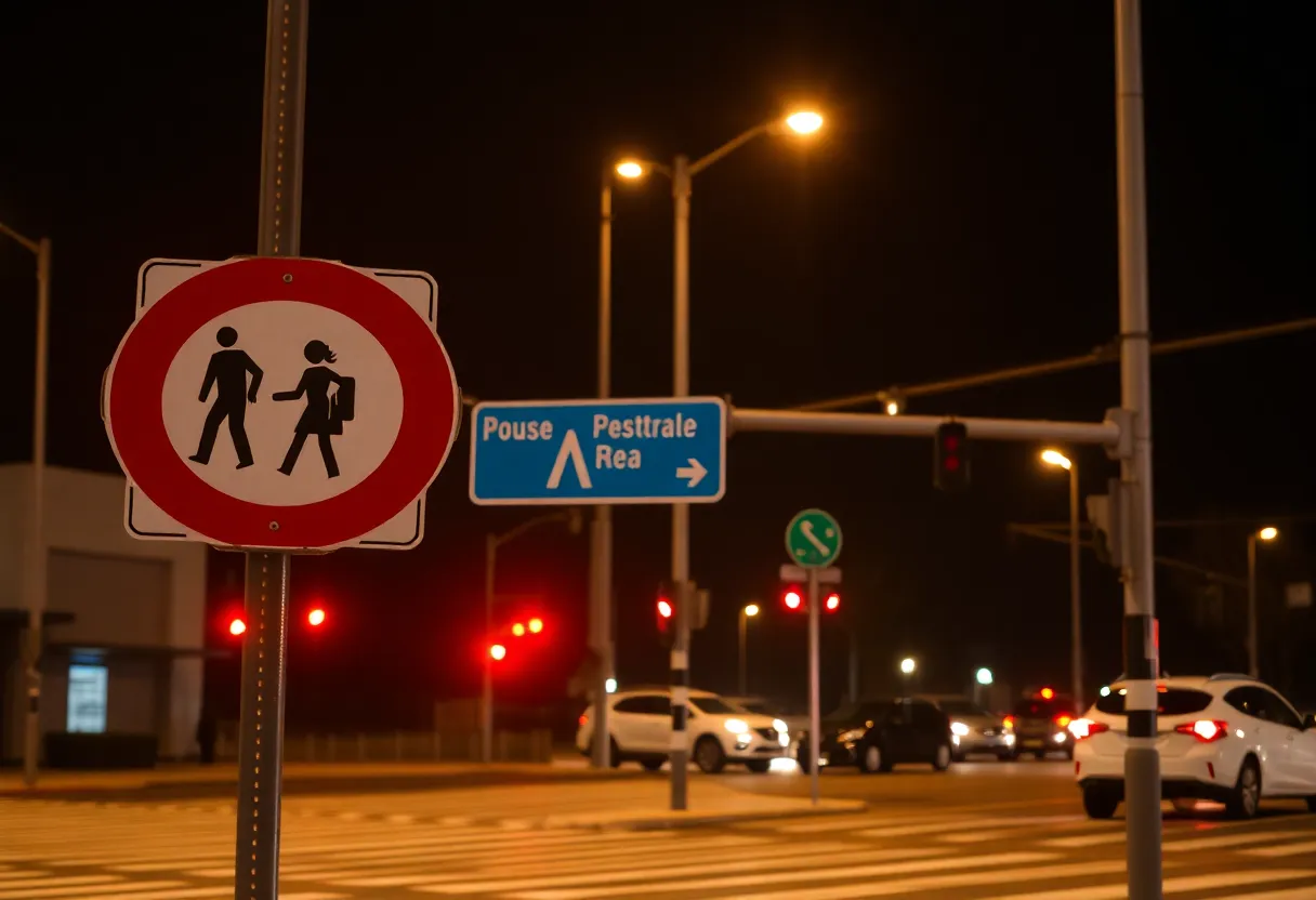 Intersection with caution signs for pedestrians at night