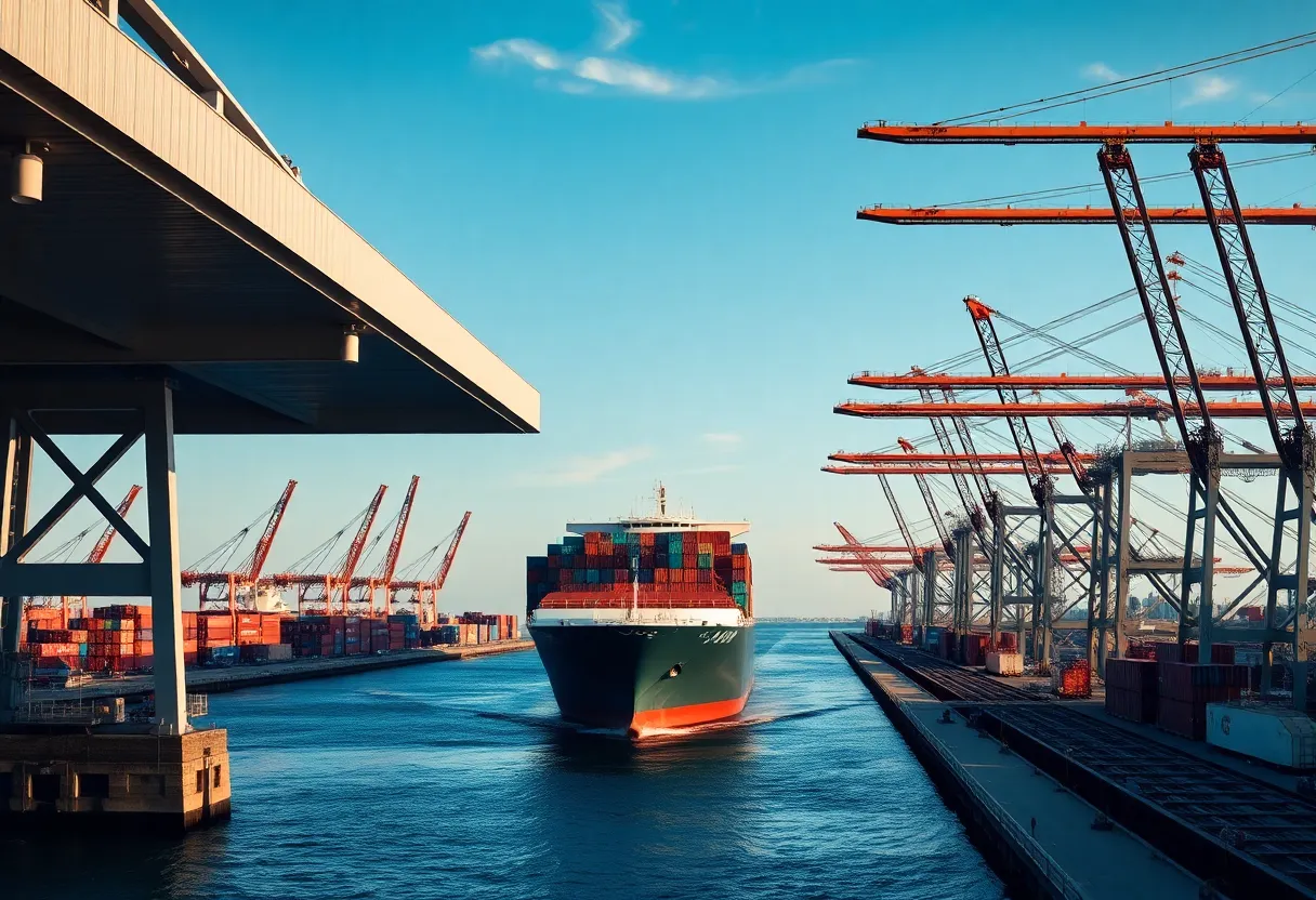 The OOCL Iris, a large container ship, docking at the Wando Welch Terminal in Charleston.