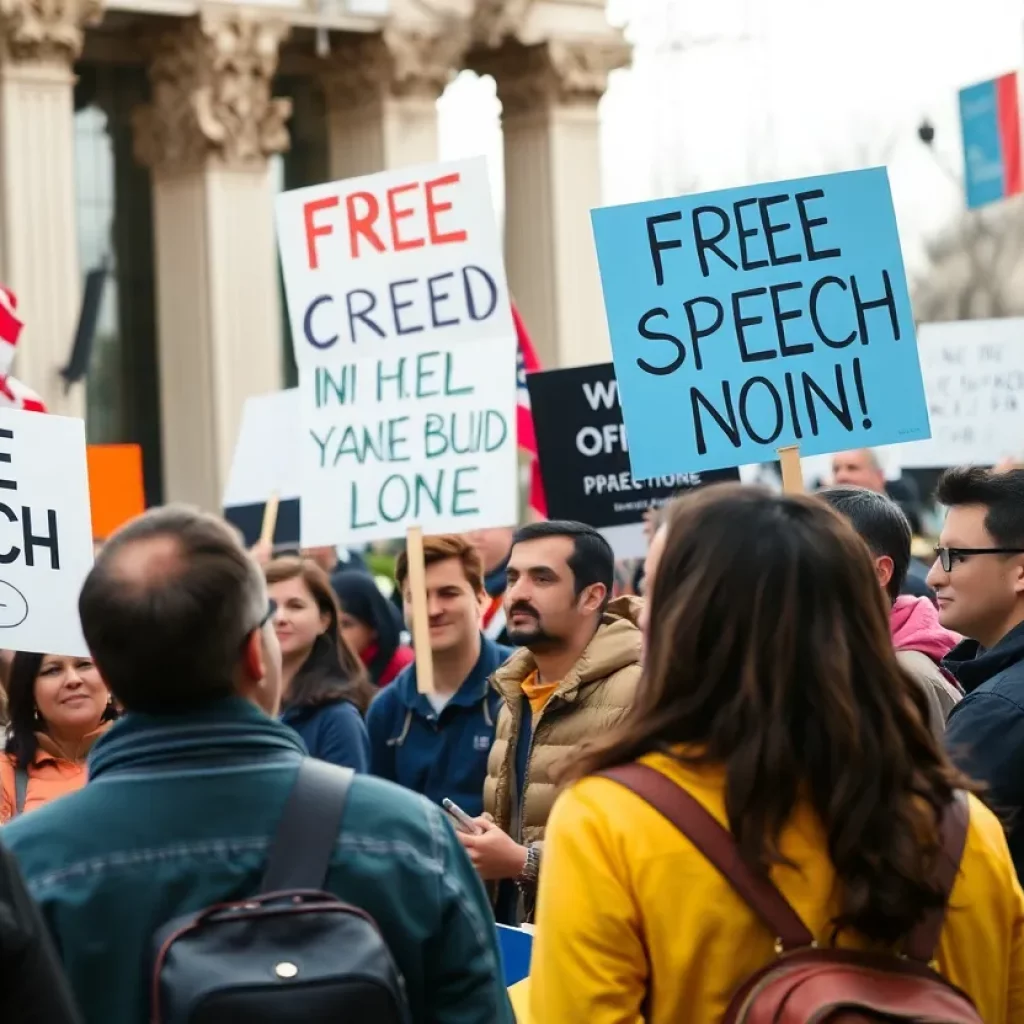 Citizens participating in a political protest advocating for free speech and democracy.