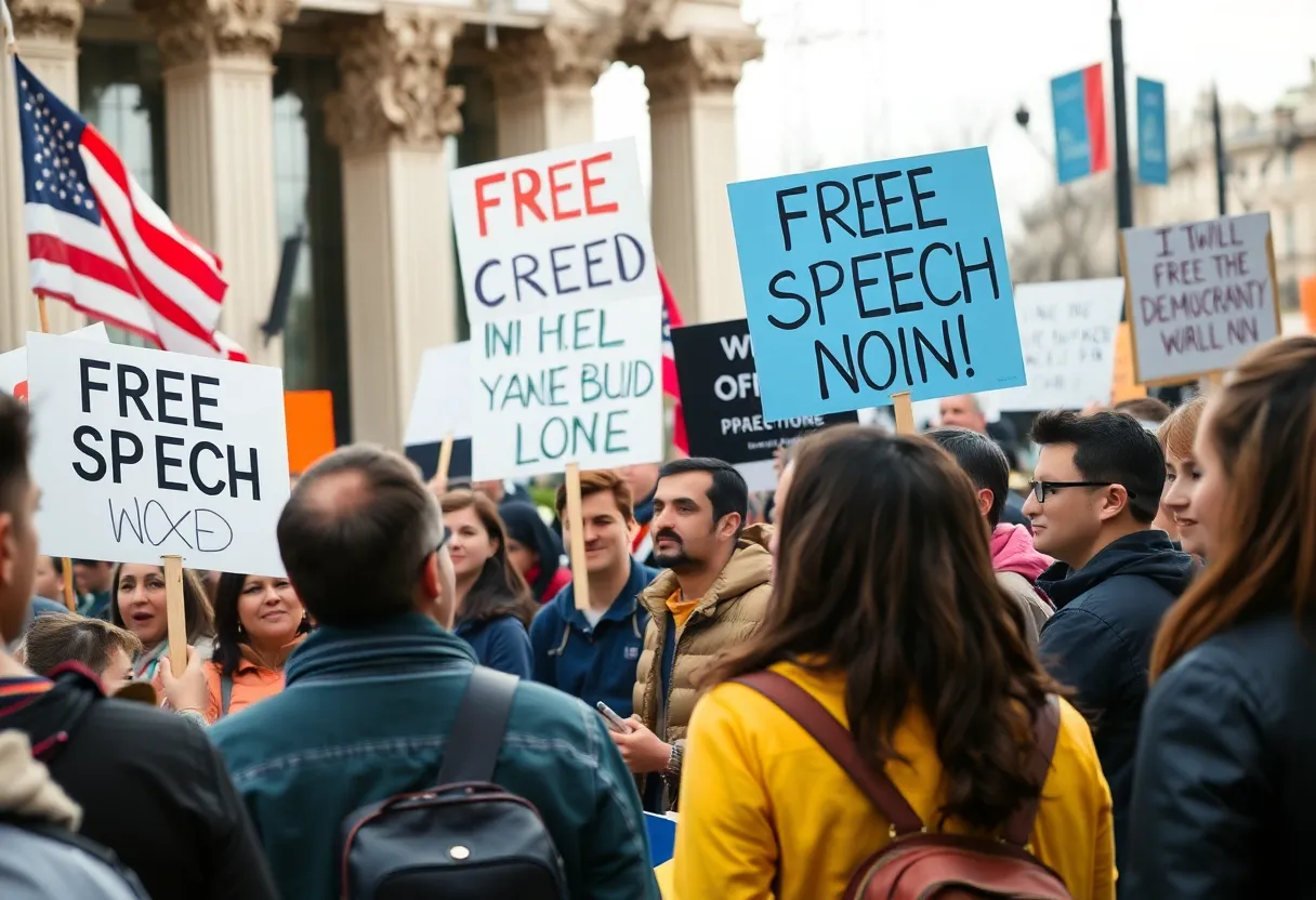 Citizens participating in a political protest advocating for free speech and democracy.